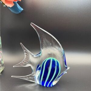 Murano Style Art‎ Glass Angel Fish Blue/Teal Paperweight Hand Blown 4.5”Long